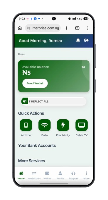 Greatenterprise mobile app interface showing dashboard and services
